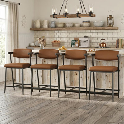 Ensemble de 4 tabourets de bar à hauteur de comptoir avec accoudoirs, tabouret de bar rembourré avec dossier et repose-pieds, assemblage facile, brun café