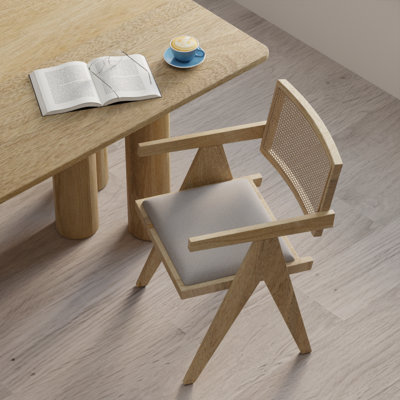Solid  Wood Cane-Back Armchair – choose Natural or Black frame, Upholstered Seat, Easy 5-min Assembly – Verve Dining Chair