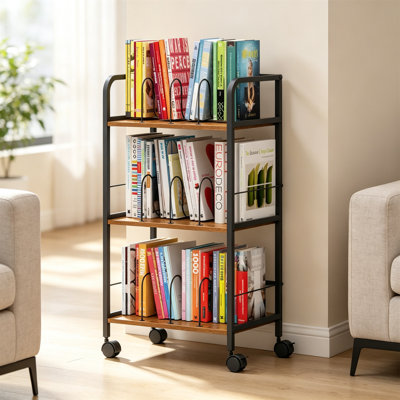 3-Tier Rolling Towel Rack With Brake Wheels And Wood Shelves For Bathroom Storage