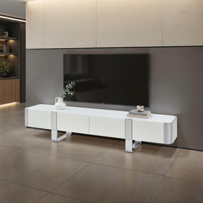 1-Piece TV Stand with Soft Closing Door, Stainless Steel Glides, White and Silver