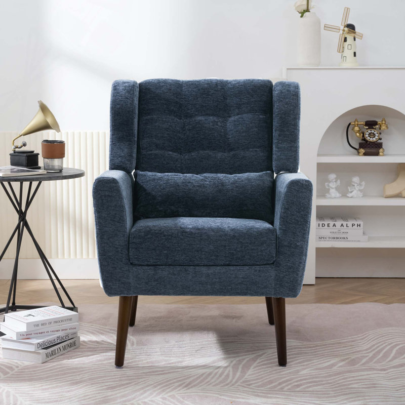 Fauteuil décoratif ergonomique, robuste et moderne pour un usage quotidien confortable, Chenille bleu foncé, Brun