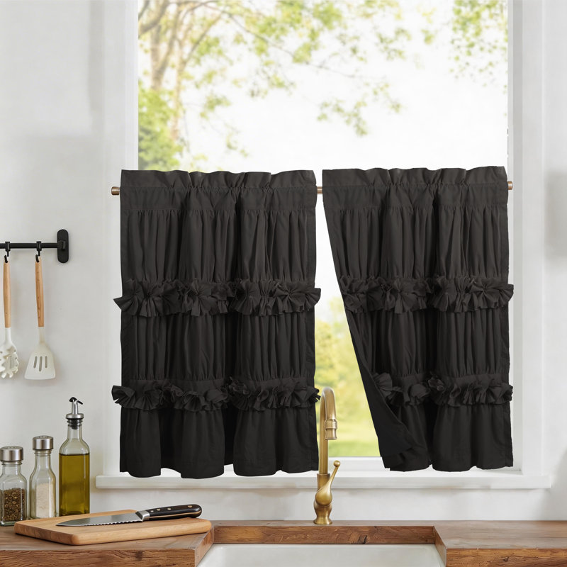 Paquet de 2 rideaux de cuisine Ruffle, L 30 po x L 24 po, Noir
