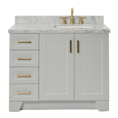 Freitas 43'' Solid Wood Single Bathroom Vanity in Grey with 1.5'' Carrara Marble Top, Right Offset, Rectangle Sink