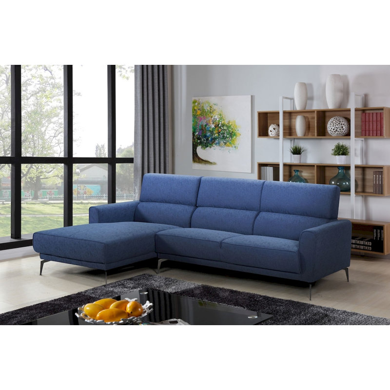 Upholstered L-Shaped Sectional, Left Hand Facing, Blue Polyester Blend
