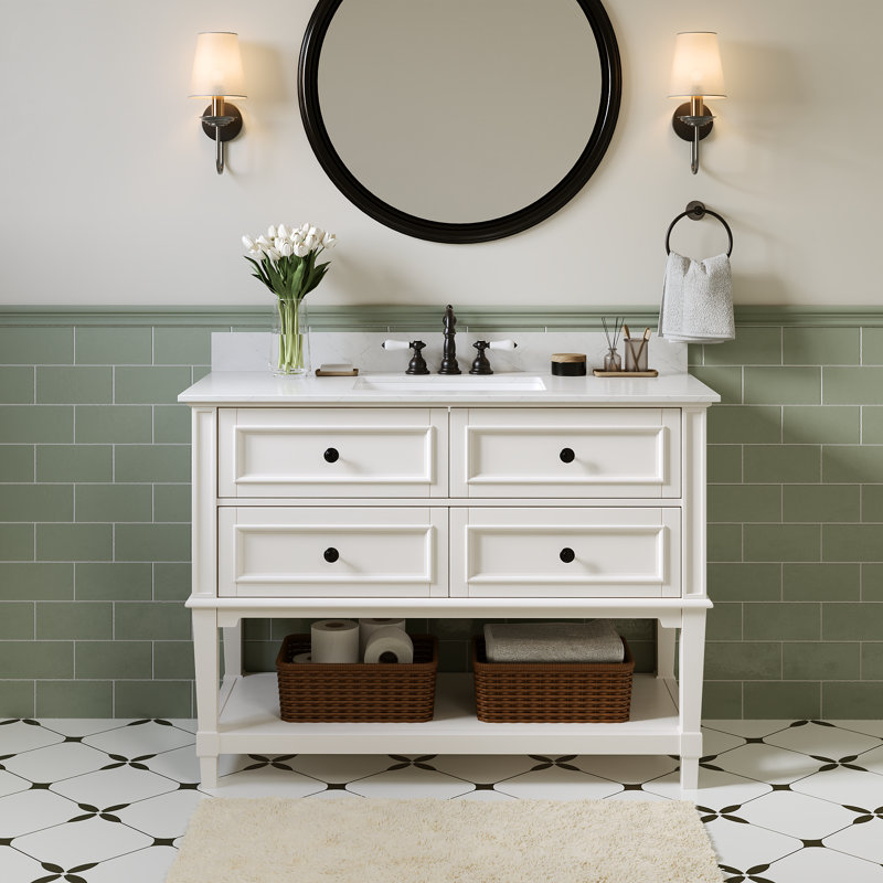 48" Fully Assembled Single Bathroom Vanity with Engineered Marble Top, White, White