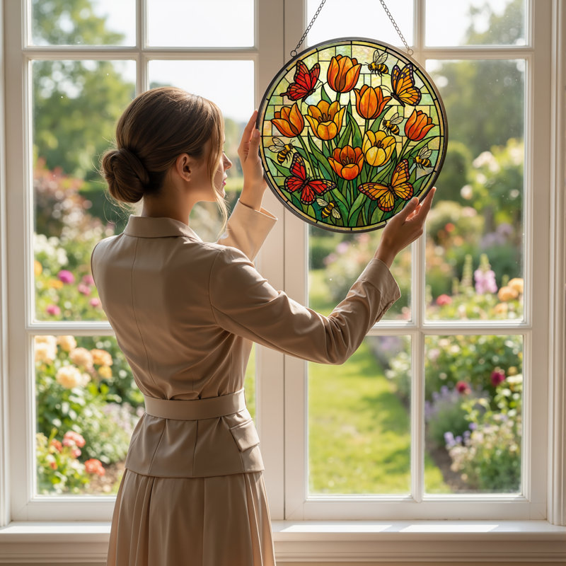 Panneau de vitrail 12 "H Tulip Butterfly, H 12 po x l 12 po