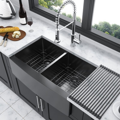 33"X21"X10" Double Bowl Stainless Steel Sink In Gunmetal Black - 16G For Long-Lasting Working Ability 16 Gauge Apron Front Kitchen Basin