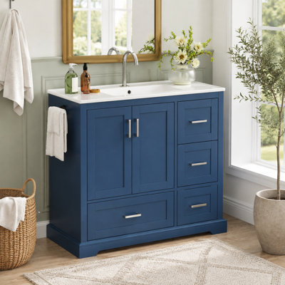 Meuble-lavabo bleu marine de 106 cm (41,79 pouces) avec lavabo en céramique, meuble sur pied à 4 tiroirs, portes à fermeture amortie, porte-serviettes réversible, MDF