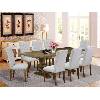 Ensemble de salle à manger 9 pièces comprenant une table de salle à manger rectangulaire avec rallonge amovible et 8 chaises rembourrées en tissu gris