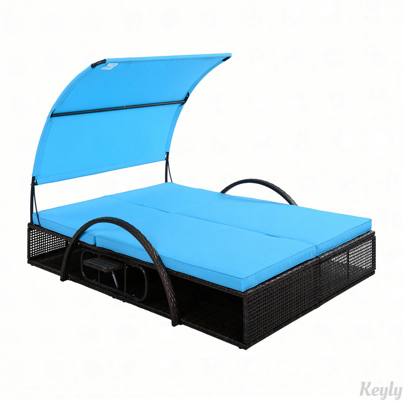 Chaise longue d'extérieur en acier avec dossier réglable, lit double de patio avec table d'appoint cachée et accoudoirs arqués, convient pour la terrasse de la piscine, le jardin et la cour