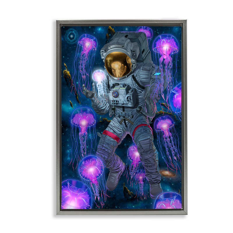 «Cosmic Encounter Astronaut & Jellyfish», art mural encadré flottant, conception par Vincent Hie, H 25 po x l 17 po