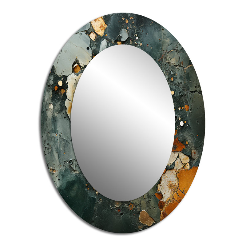 Golden And Green Terrazzo Marble Elegance IV - Green Modern Oval Wall Mirror, 40" x 30"