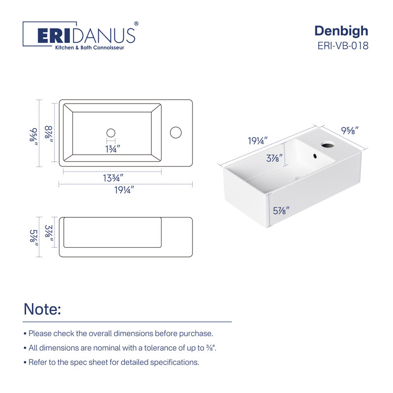 Vasque de salle de bain rectangulaire en porcelaine vitrifiée, 49,5 cm (L) x 25,4 cm (P), avec trou pour robinetterie.