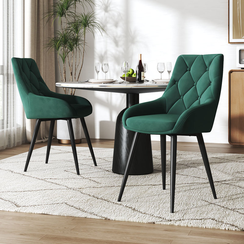 Velvet Metal Legs Button Upholstered Dining Chair, Set of 2, Green