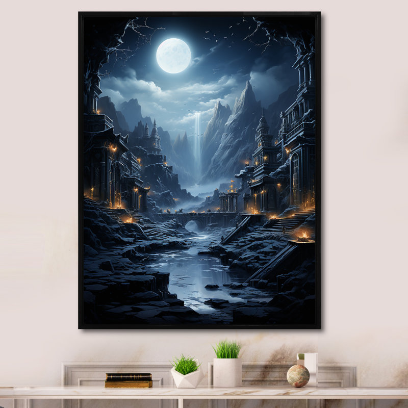 Moonlit Cliffside Mistery Landscape II - lune, art mural, Cadre doré simple, H 40 po x l 30 po x P 1,5 po