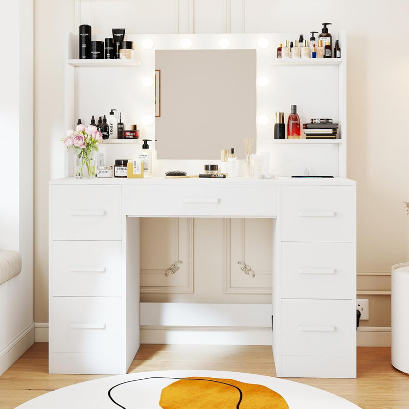 43.3" Makeup Vanity With 7 Drawers, Power Outlet, And Mirror Cabinet With Three-color Lighting In White, White