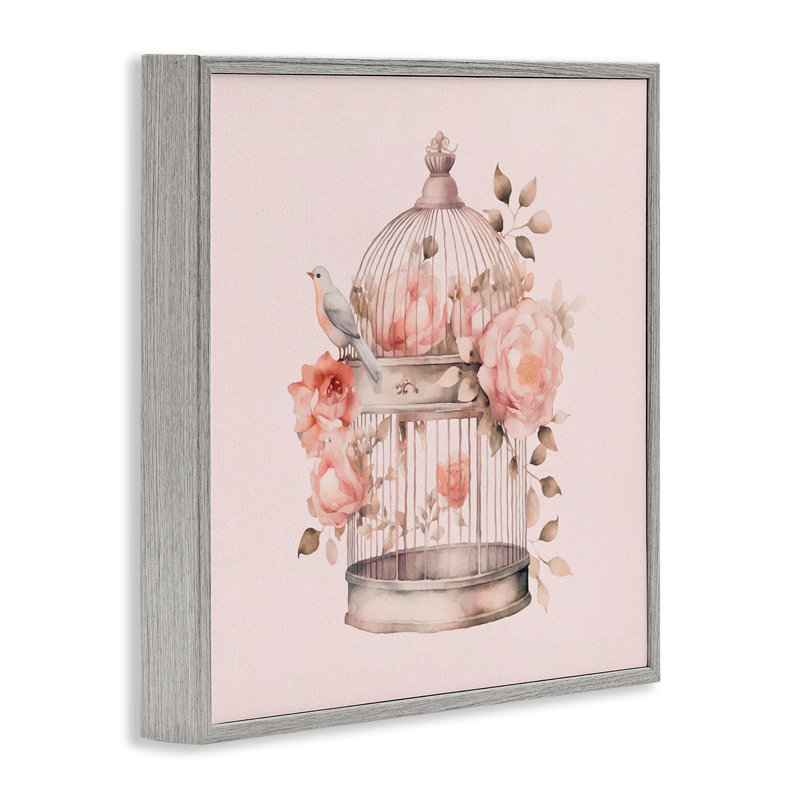 Cage à oiseaux avec giclée de roses en fleurs par Andrea Haase, Estampe numérique Farmhouse, H 17 po x l 17 po