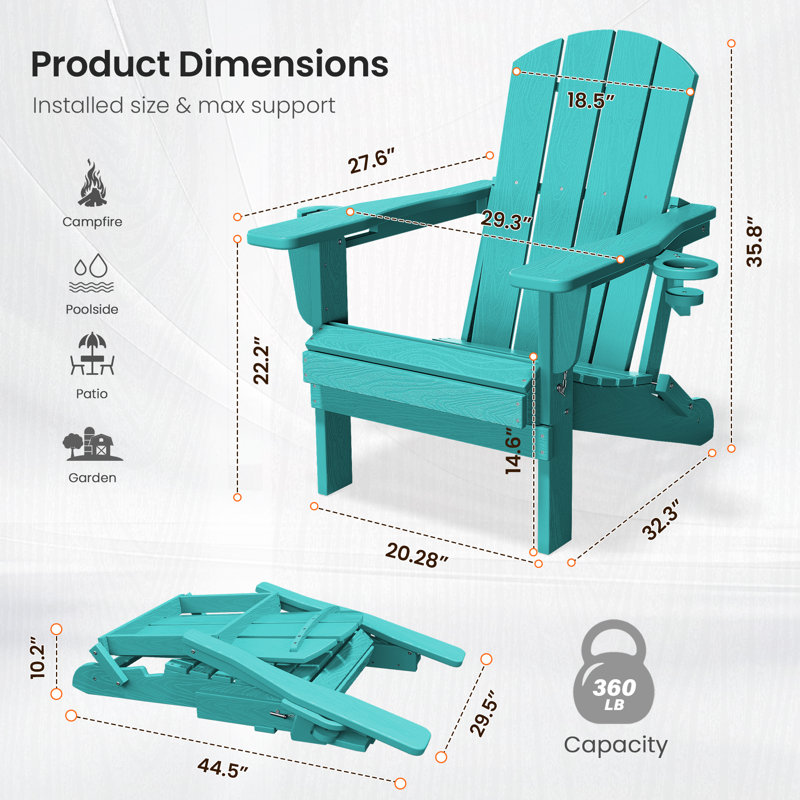 Chaise Adirondack pliante en polyéthylène haute densité Wolak avec porte-gobelet double, Bleu