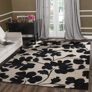 Avayah Floral Handmade Tufted Wool Beige/Black Area Rug