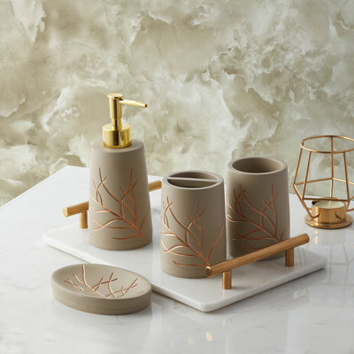 Kynaat Luxury Modern Home Décor 4 Piece Bath Accessories Set Ensemble Included Bathroom Liquid Soap Lotion Dispenser Pump Toothbrush Holder Tumbler and Soap Dish, Atwood Branch Style
