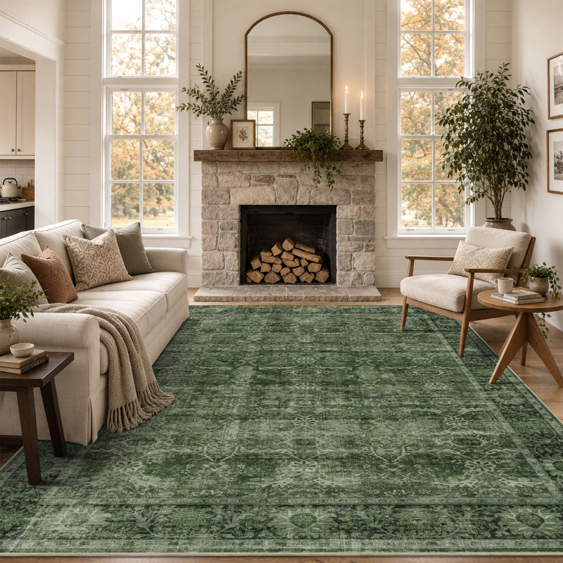 Tapis vert lavable pour salon, Green, Rectangle 8'x10'