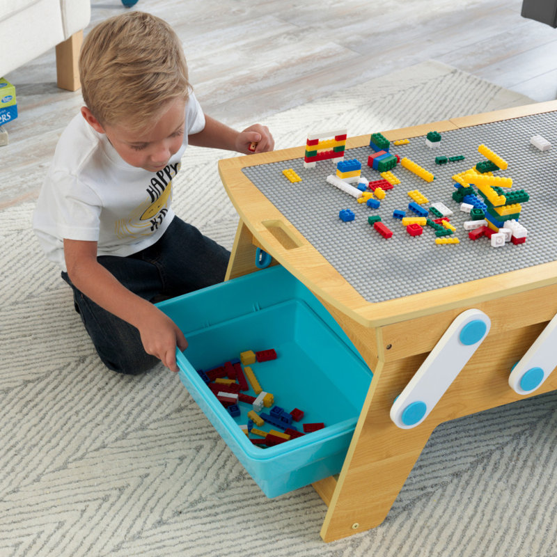 Building Bricks Play N Store Wooden Table with 200+ Bricks, Natural
