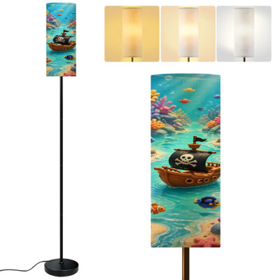  68.5" Standing Floor Lamp Colorful Underwater Coral Reef Cartoon Fish Pirate Ship Dimmable Metal Pole Lamp with Linen Lampshade LED Bulb Included