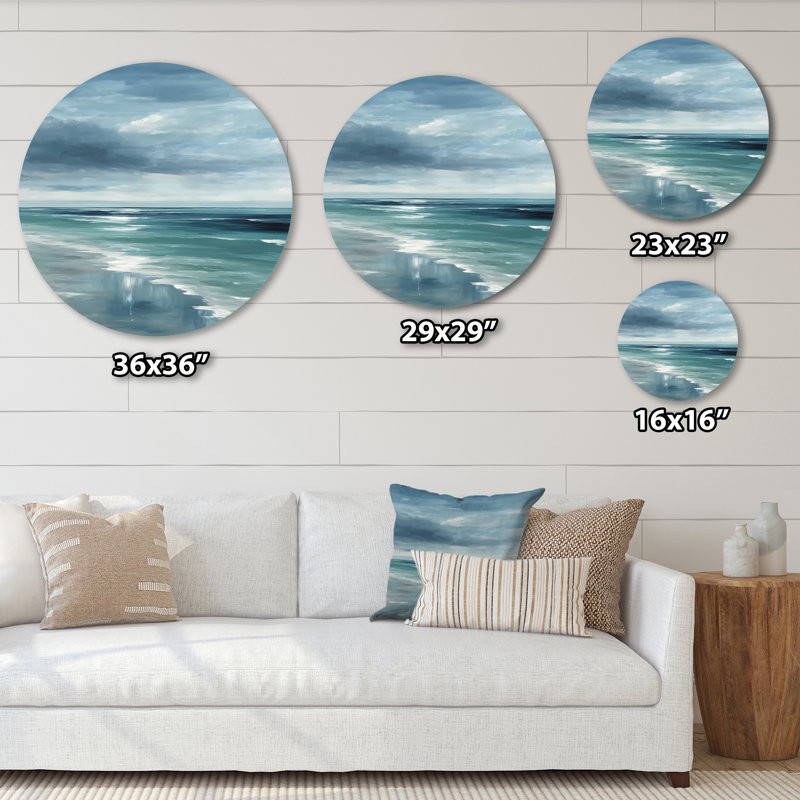 Vagues côtières dans des tons bleus et blancs - Art mural rond traditionnel en métal, L 23 po x H 23 po