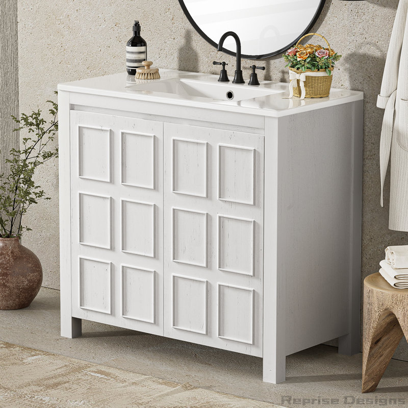 Armoire de rangement de salle de bain 36 "avec lavabo en céramique, Blanc antique