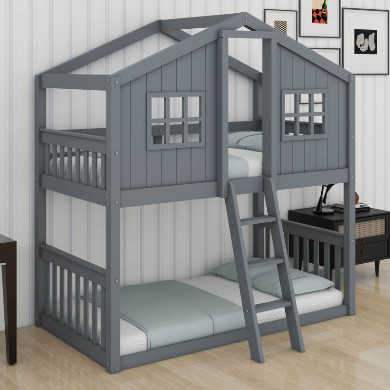 Twin Over Twin Size House Bunk With Ladder And Window,Wood Bunkbed W/Full-Length Guard Rail & Ladder,Slat Support, Gray