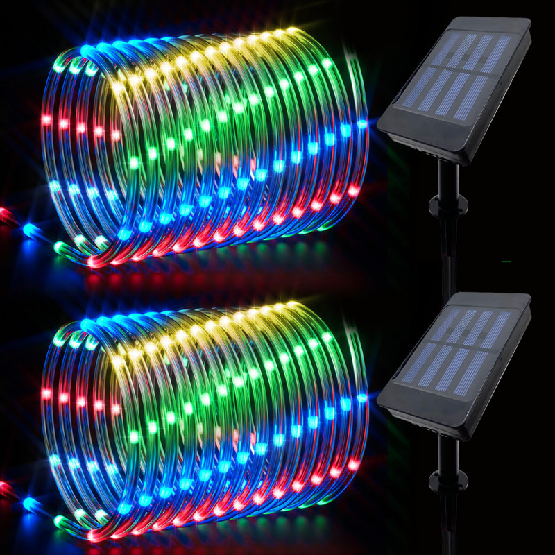 Christmas 2 Pack Solar Rope Lights Outdoor Waterproof,Each 33Ft 100 LED 8 Modes And Timer Clear Tube String Lights For Outside(Multicolor)