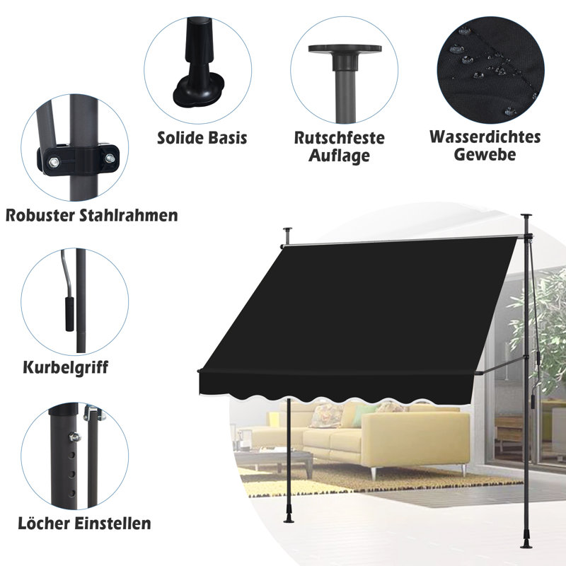 Dakota Fields 120cm W Polyester Cover Retractable Patio Awning, 200" H x 120" W x 7.8" D, Black