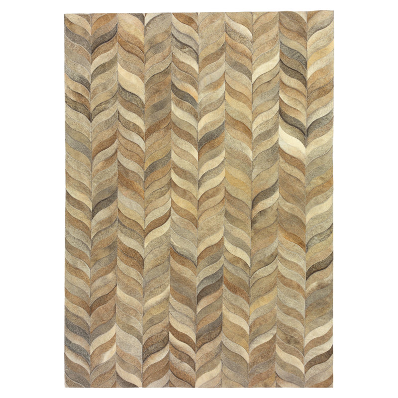 Tapis en cuir de vache fait à la main Ceres, Taupe/Brown/Grey/Ivory, Rectangle 10 pi x 14 pi