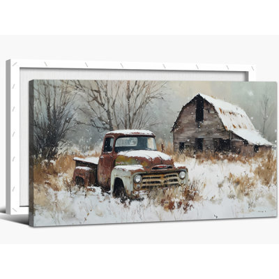 «Large Winter Scene Wall Art - Vintage Truck Winter Landscape, art mural sur toile, impressions d'arbres d'hiver rustiques de ferme pour le salon, décoration murale, peinture sur toile tendue, 20 po x 40 po