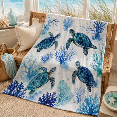 Ocean Reef Turtle Blanket, Watercolor Blue Marine Life Print with Four Turtles and Coral Branches, Flannel Material for Sofa, Bed, Reading and Travel, 60 x 80 in