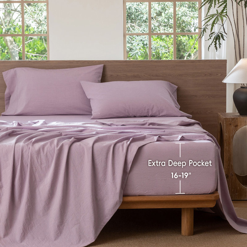 MooMee Fitted Sheet Only Extra Deep Pocket 100% Washed Cotton Linen Like Textured Lightweight Breathable, Light Purple, King