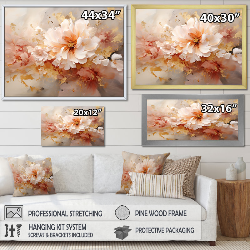 «Blossoming White Peony Flower - Flowers», reproduction sur toile, Cadre doré à une seule photo, H 24 po x l 32 po x P 1 po