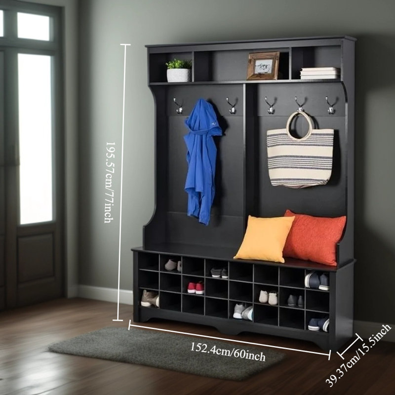 Armoire de rangement pour chaussures avec 24 casiers et 6 crochets doubles - Organisateur de vestibule autoportant avec banc et armoires supérieures - Finition en stratifié noir durable