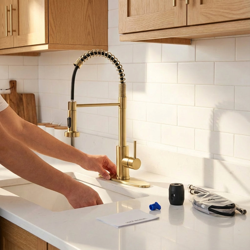 Industrial 1-handle Spring Spout Kitchen Faucet With Pull Down Sprayer, Brushed Gold, Single Hole Deck Mount For Kitchen Bar Sinks