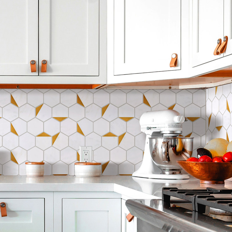 Natural Bianco 3" x 3" Marble Honeycomb Mosaic Wall Tile, Black/Gold