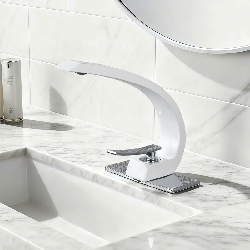 Robinet de lavabo pour salle de bain à poignée simple - monotrou - laiton massif, Chrome / blanc poli