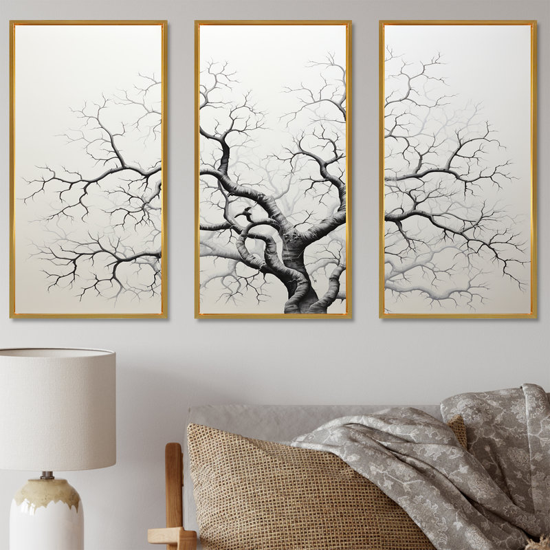 «Monocrhome Sycamore Tree Solitude II», ensemble d'art sur toile Sycamore, Cadre flottant doré, H 32 po x l 48 po x P 1 po