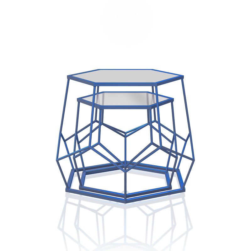 Mirrored Glass Top Nesting Tables, Blue