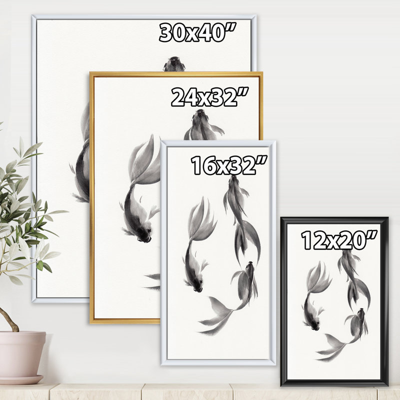 " Monochrome Vintage Fish III " Painting Print, Black Framed Canvas, 20" H x 12" W x 1" D