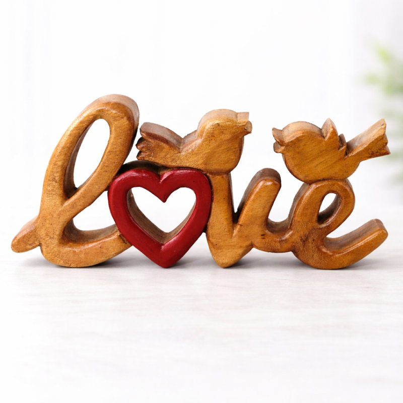 Handmade Sculpture of Love Word with Two Birds and Love Symbol Valentines Decor Wooden Art for Home Decor