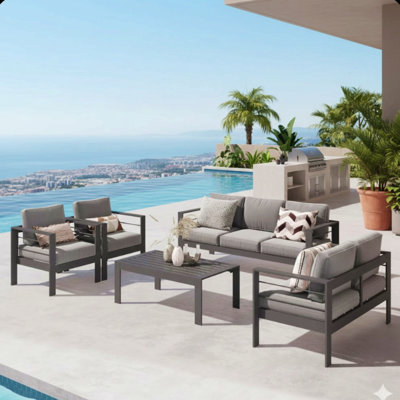 5-Piece Modern Aluminum Patio Conversation Set,  7-Seat Outdoor Sofa With  Thick Dark Gray Cushions & Gray Frame And Coffee Table