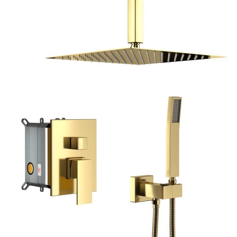 Dual Function Shower - 16 Inch Ceiling Mount Square With Rainfall And Hose Kit System In Head Handheld Functions, Gold