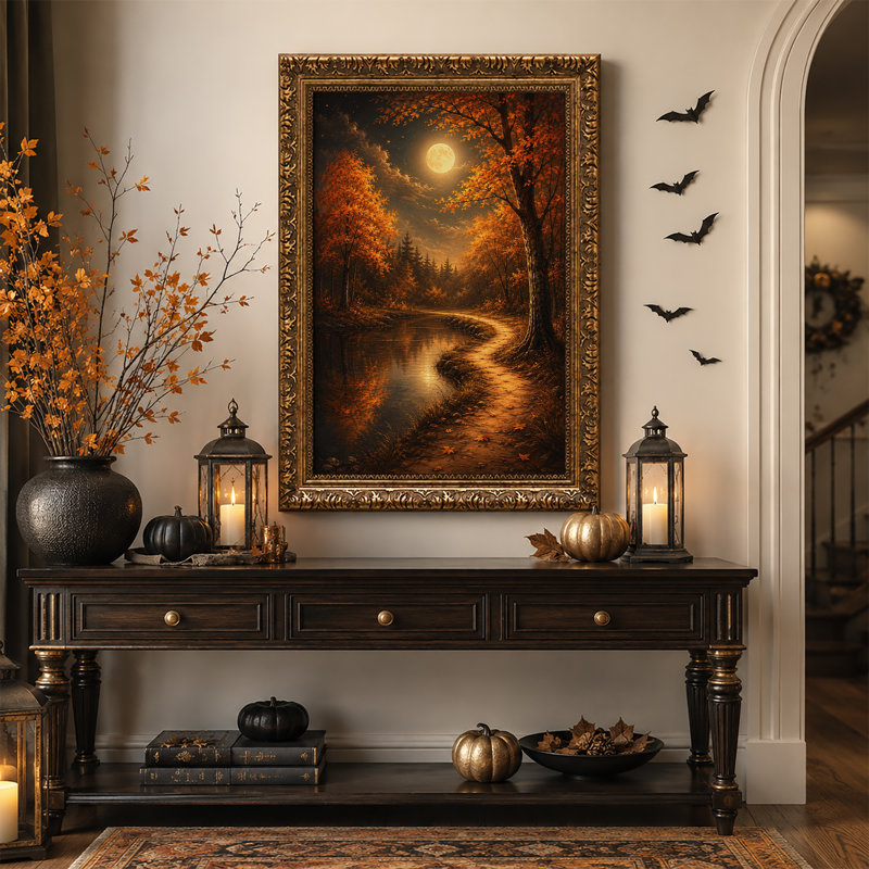 «Glowing Autumn Trees long Winding River Path Halloween», art mural sur toile, H 18 po x l 12 po