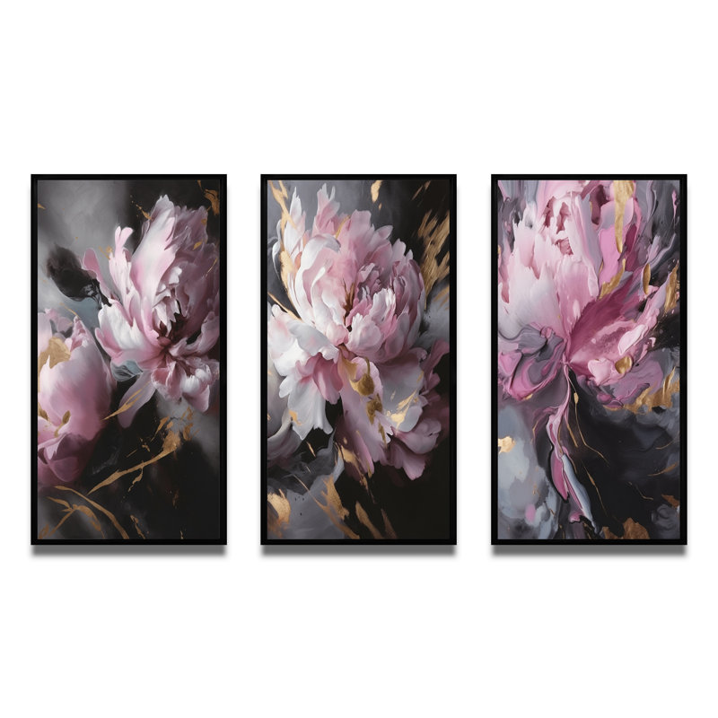 «Harmonious Pink Grey Peony Flower», 3 pièces, H 32 po x l 48 po, Cadre flottant noir