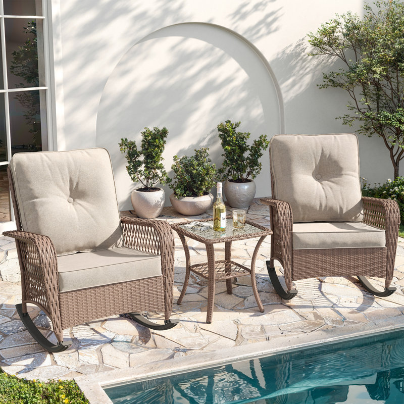 Oversized Outdoor Rocking Chair 3-Piece Set with Cushions & Glass Side Table, Gray Cushion/Brown Frame